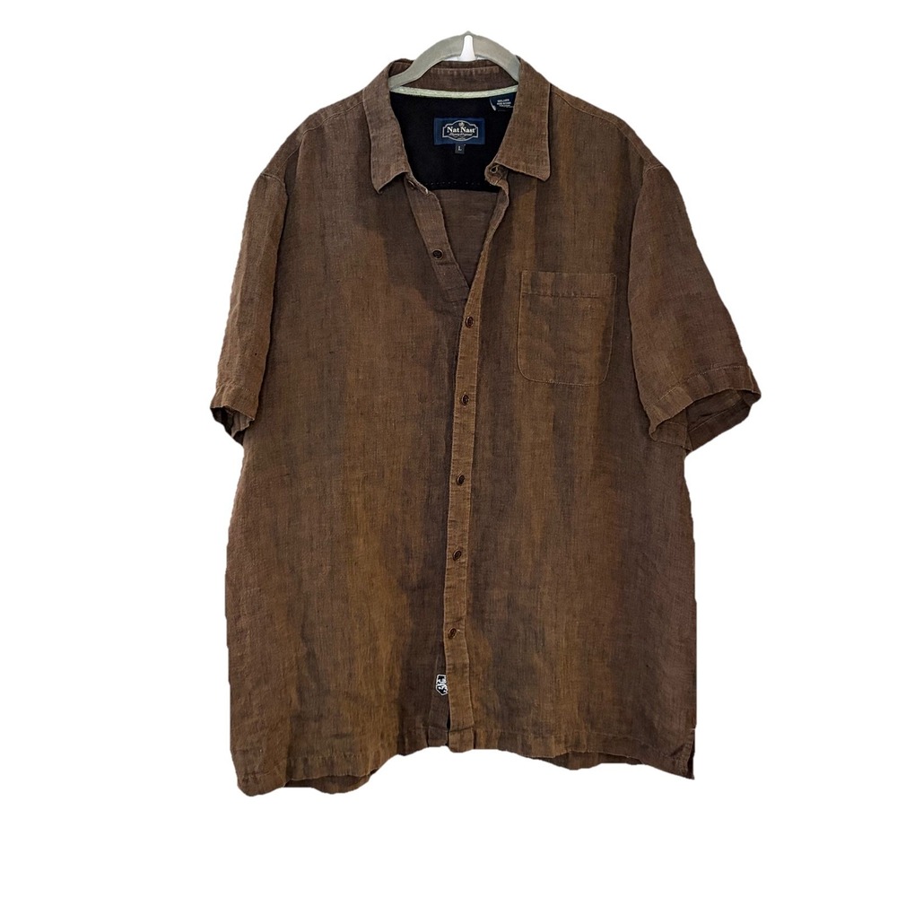Nat Nast Shirt Mens L Brown Linen Blend Short Sleeve Button Down Casual